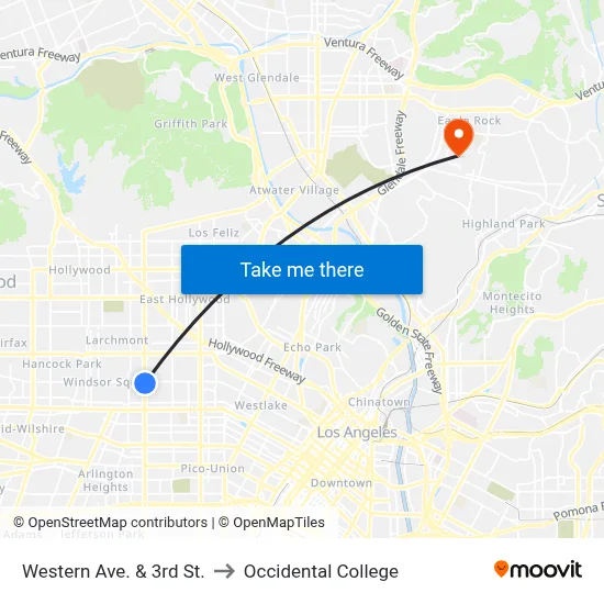 Western Ave. & 3rd St. to Occidental College map