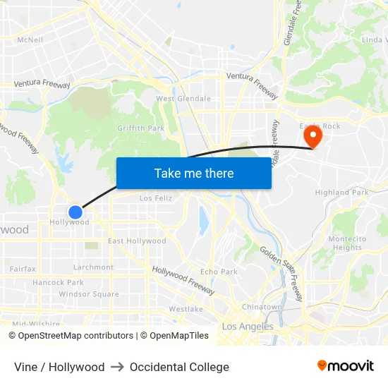 Vine / Hollywood to Occidental College map