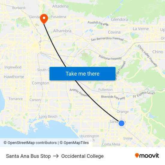 Santa Ana Bus Stop to Occidental College map