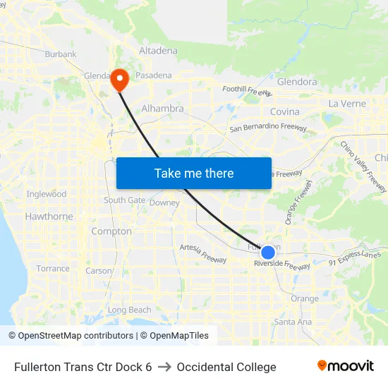 Fullerton Trans Ctr Dock 6 to Occidental College map