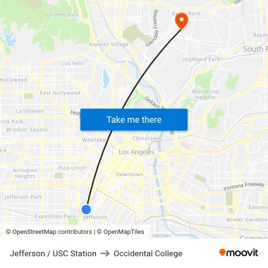 Jefferson / USC Station to Occidental College map