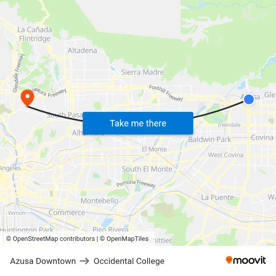 Azusa Downtown to Occidental College map