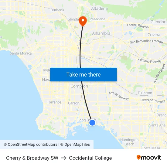 Cherry & Broadway SW to Occidental College map