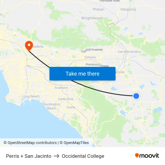 Perris + San Jacinto to Occidental College map