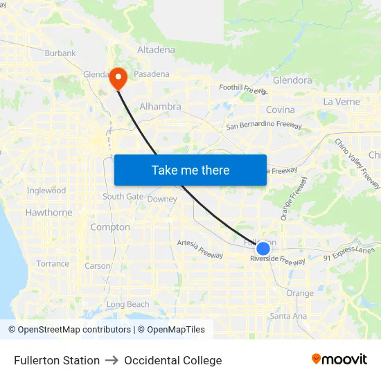 Fullerton Station to Occidental College map