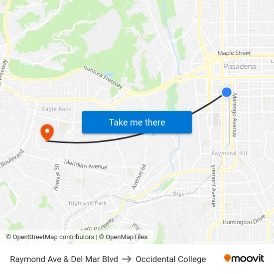 Raymond Ave & Del Mar Blvd to Occidental College map