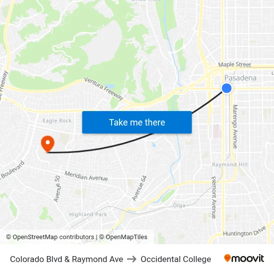 Colorado Blvd &  Raymond Ave to Occidental College map