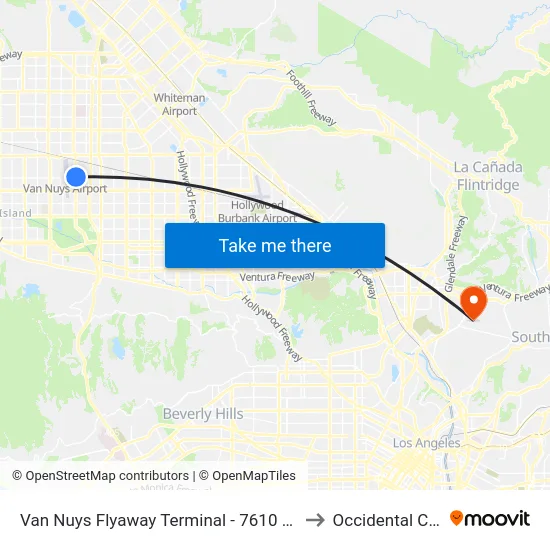Van Nuys Flyaway Terminal - 7610 Woodley Ave to Occidental College map