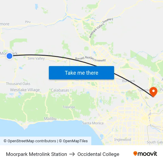 Moorpark Metrolink Station to Occidental College map
