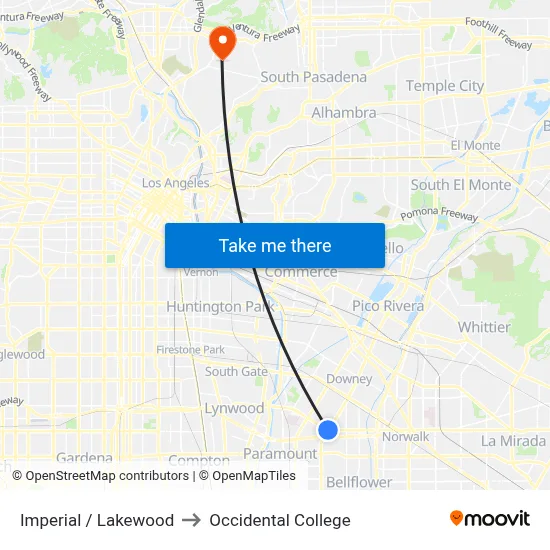 Imperial / Lakewood to Occidental College map