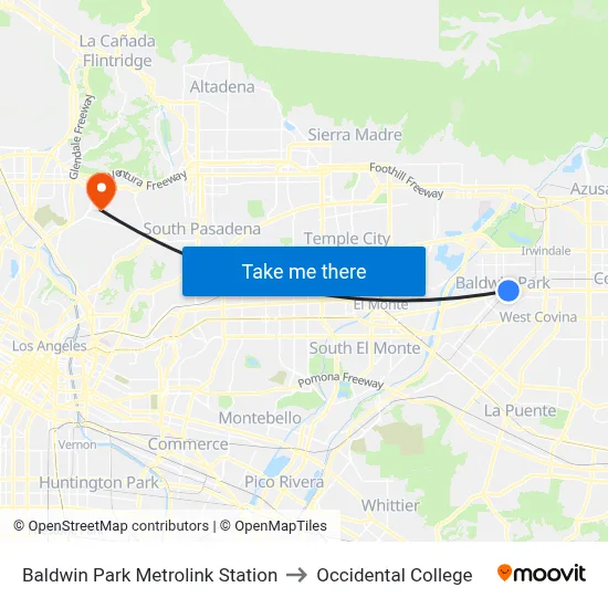 Baldwin Park Metrolink Station to Occidental College map