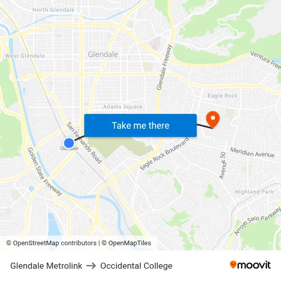 Glendale Metrolink to Occidental College map