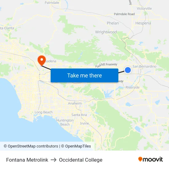 Fontana Metrolink to Occidental College map
