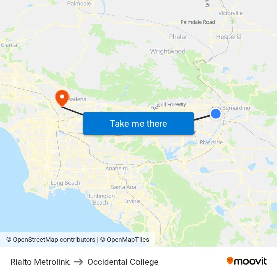 Rialto Metrolink to Occidental College map