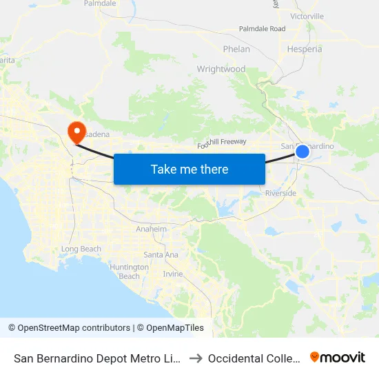 San Bernardino Depot Metro Link to Occidental College map