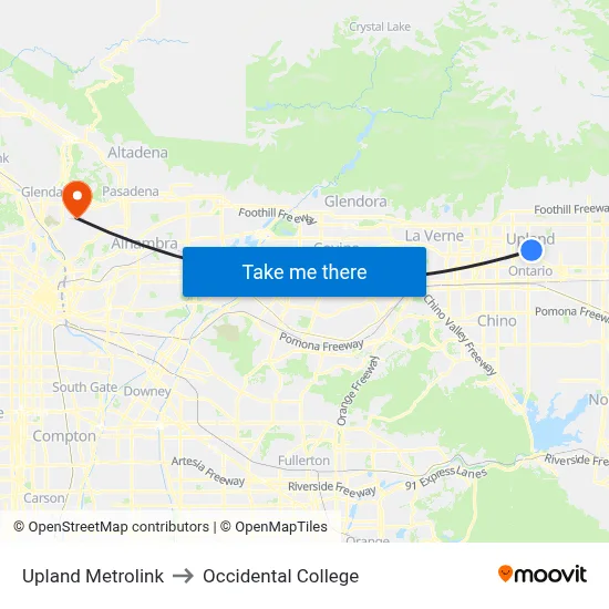 Upland Metrolink to Occidental College map