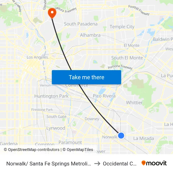 Norwalk/ Santa Fe Springs Metrolink Station to Occidental College map