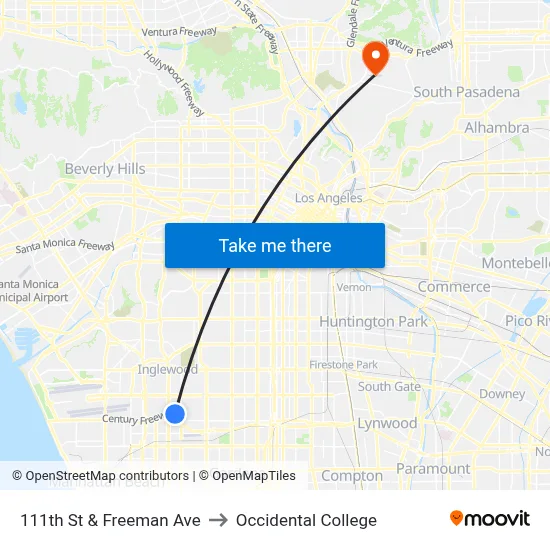 111th St & Freeman Ave to Occidental College map