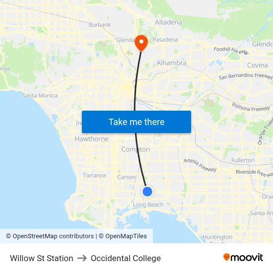 Willow St Station to Occidental College map