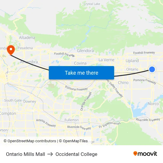Ontario Mills Mall to Occidental College map