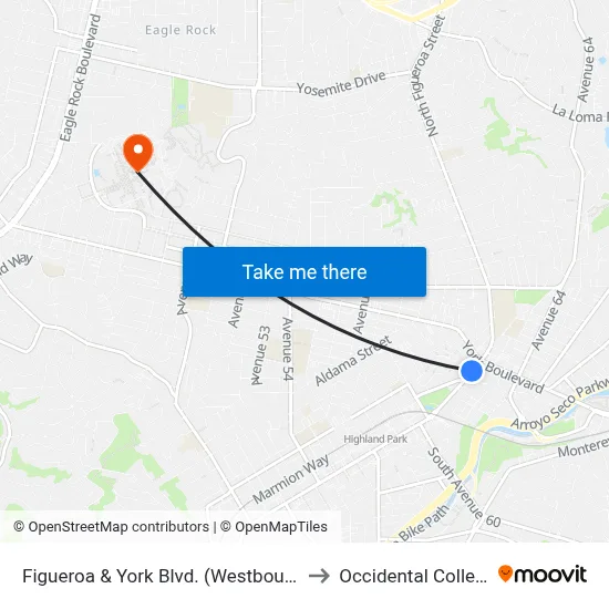 Figueroa & York Blvd. (Westbound) to Occidental College map
