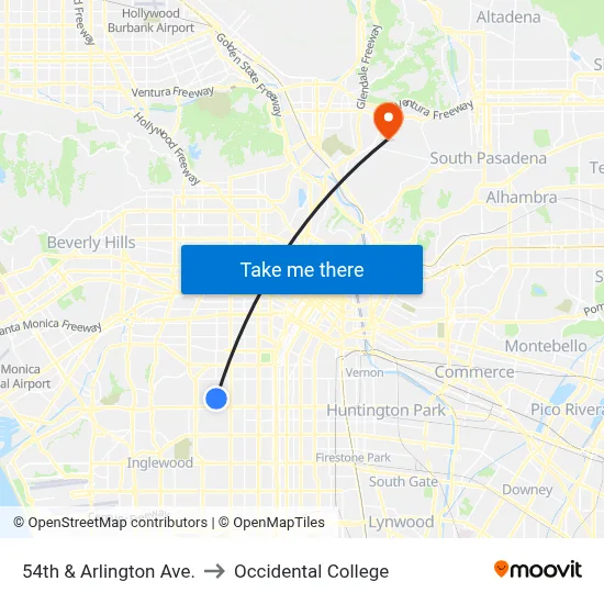 54th & Arlington Ave. to Occidental College map