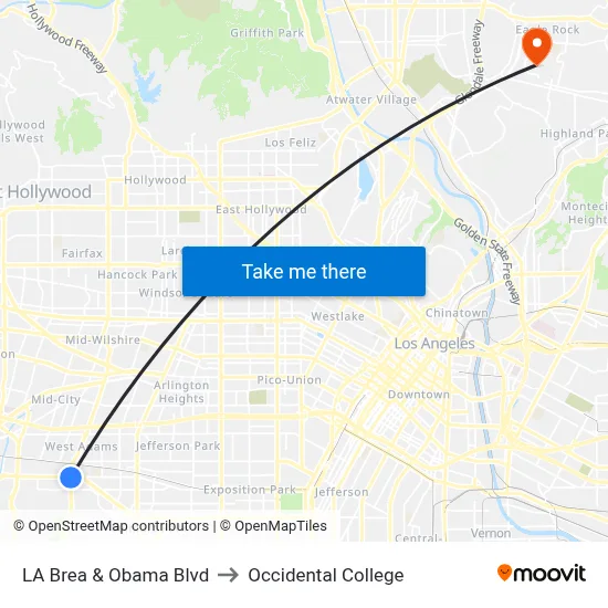 LA Brea & Obama Blvd to Occidental College map