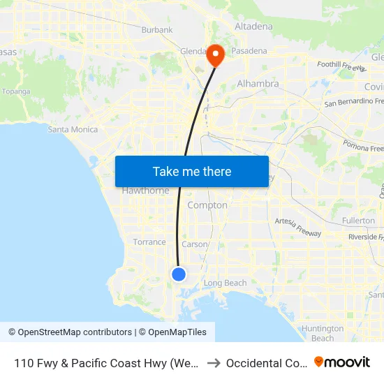 110 Fwy & Pacific Coast Hwy (Westbound) to Occidental College map