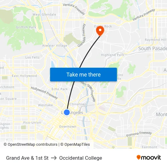 Grand Ave & 1st St to Occidental College map
