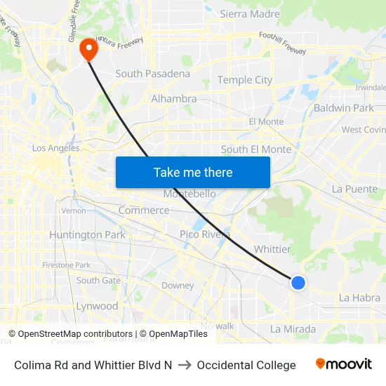 Colima Rd and Whittier Blvd N to Occidental College map