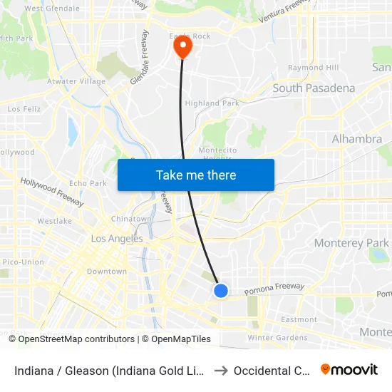 Indiana / Gleason (Indiana Gold Line Station) to Occidental College map