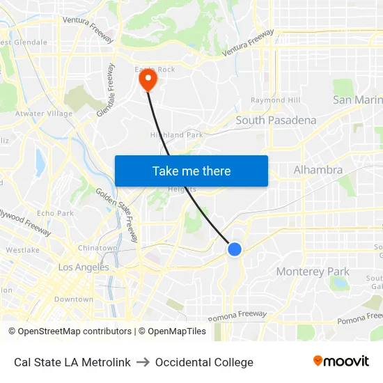 Cal State LA Metrolink to Occidental College map