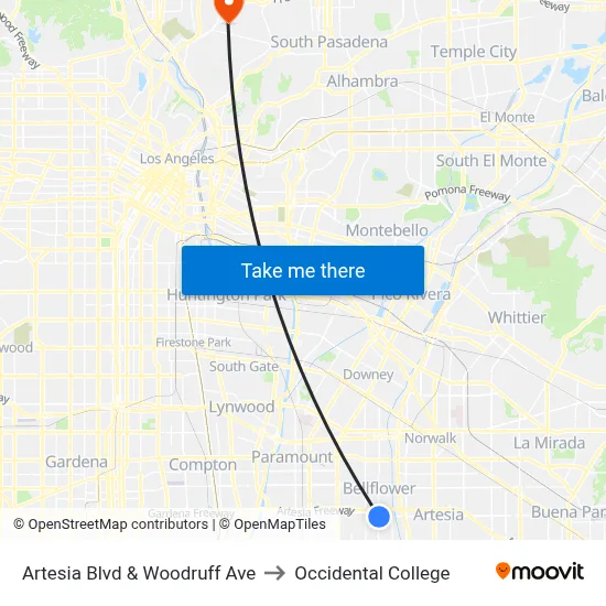 Artesia Blvd & Woodruff Ave to Occidental College map