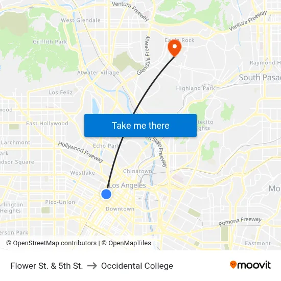 Flower St. & 5th St. to Occidental College map