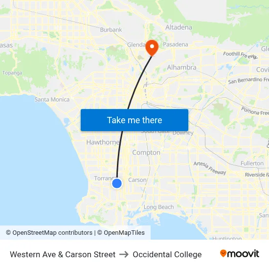 Western Ave & Carson Street to Occidental College map