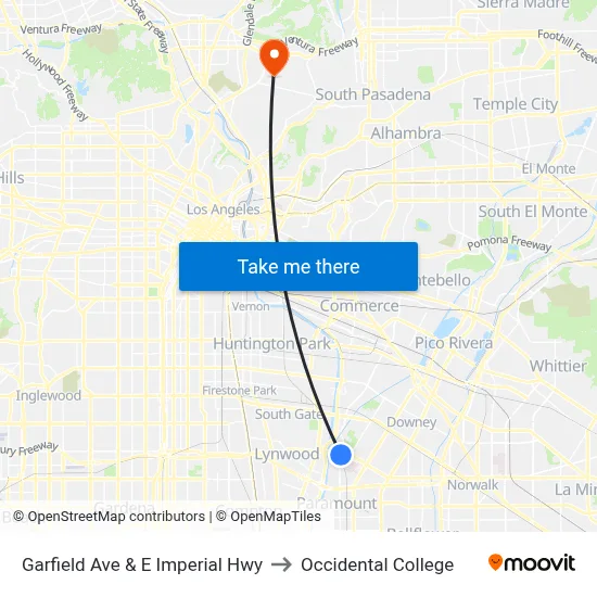 Garfield Ave & E Imperial Hwy to Occidental College map