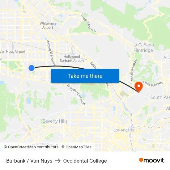 Burbank / Van Nuys to Occidental College map