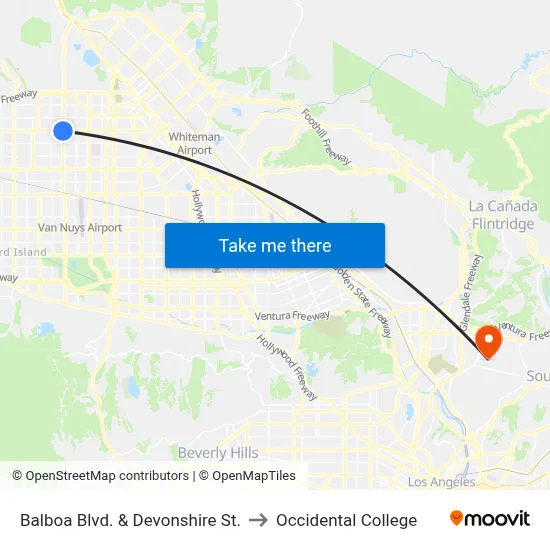 Balboa Blvd. & Devonshire St. to Occidental College map