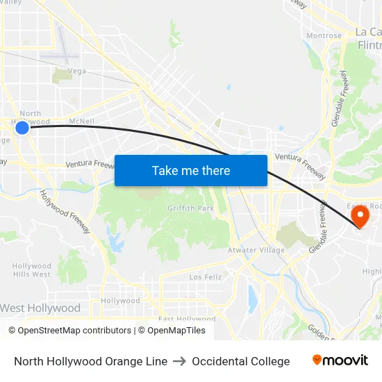 North Hollywood Orange Line to Occidental College map