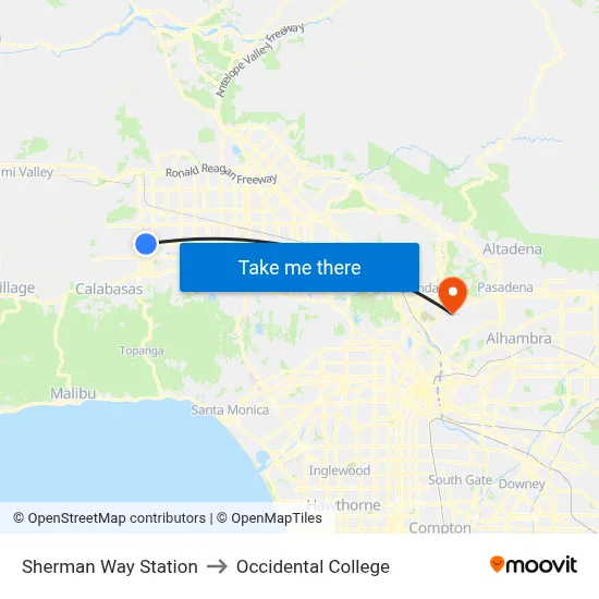 Sherman Way Station to Occidental College map