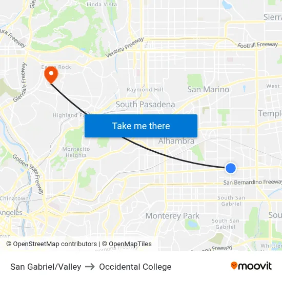 San Gabriel/Valley to Occidental College map