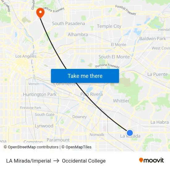LA Mirada/Imperial to Occidental College map