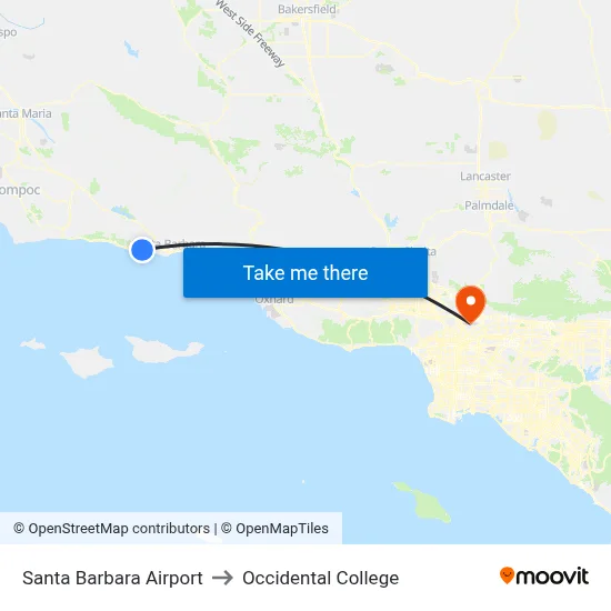 Santa Barbara Airport to Occidental College map