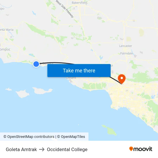Goleta Amtrak to Occidental College map