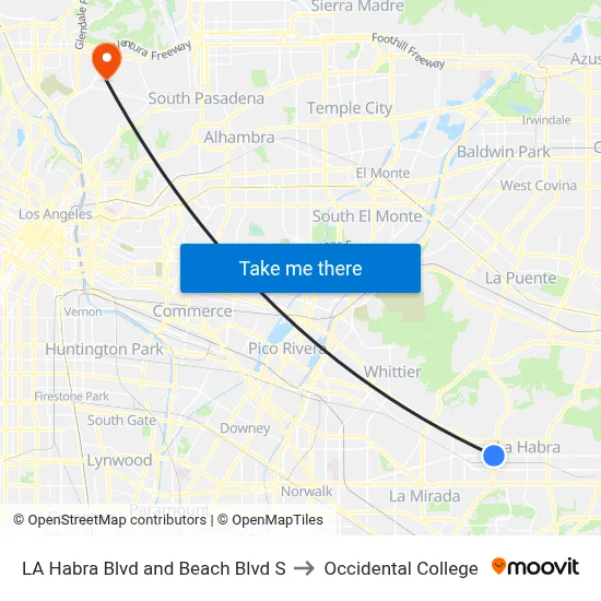 LA Habra Blvd and Beach Blvd S to Occidental College map