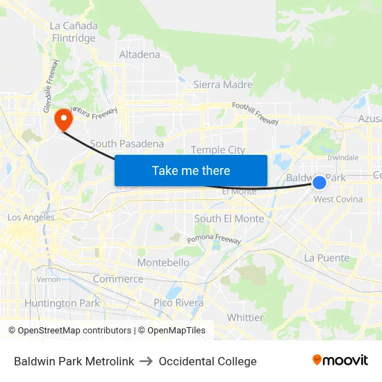 Baldwin Park Metrolink to Occidental College map