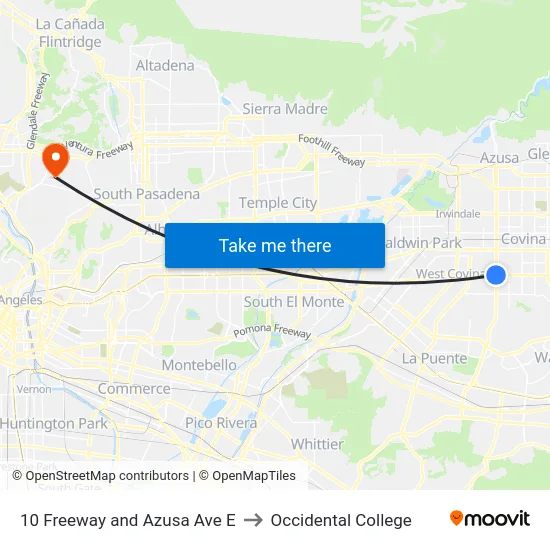 10 Freeway and Azusa Ave E to Occidental College map