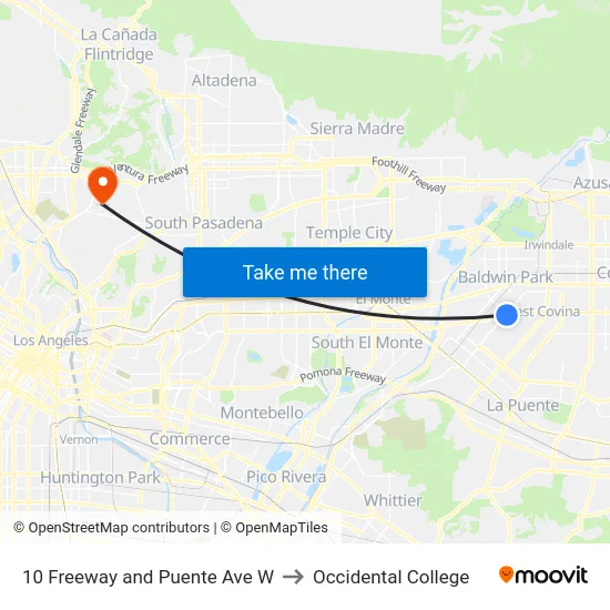 10 Freeway and Puente Ave W to Occidental College map