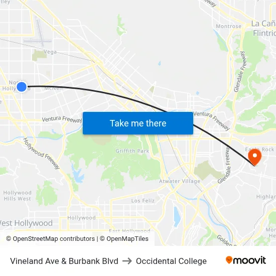 Vineland Ave & Burbank Blvd to Occidental College map