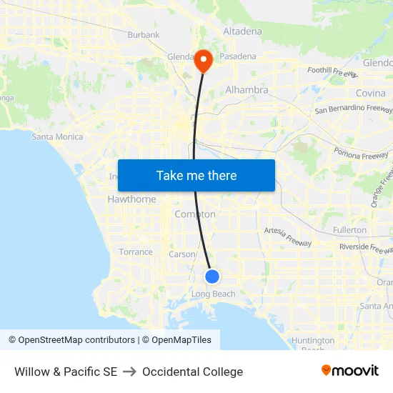 Willow & Pacific SE to Occidental College map